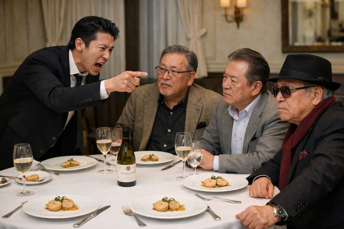 グルメ評論家たちを一喝する黒スーツの若者