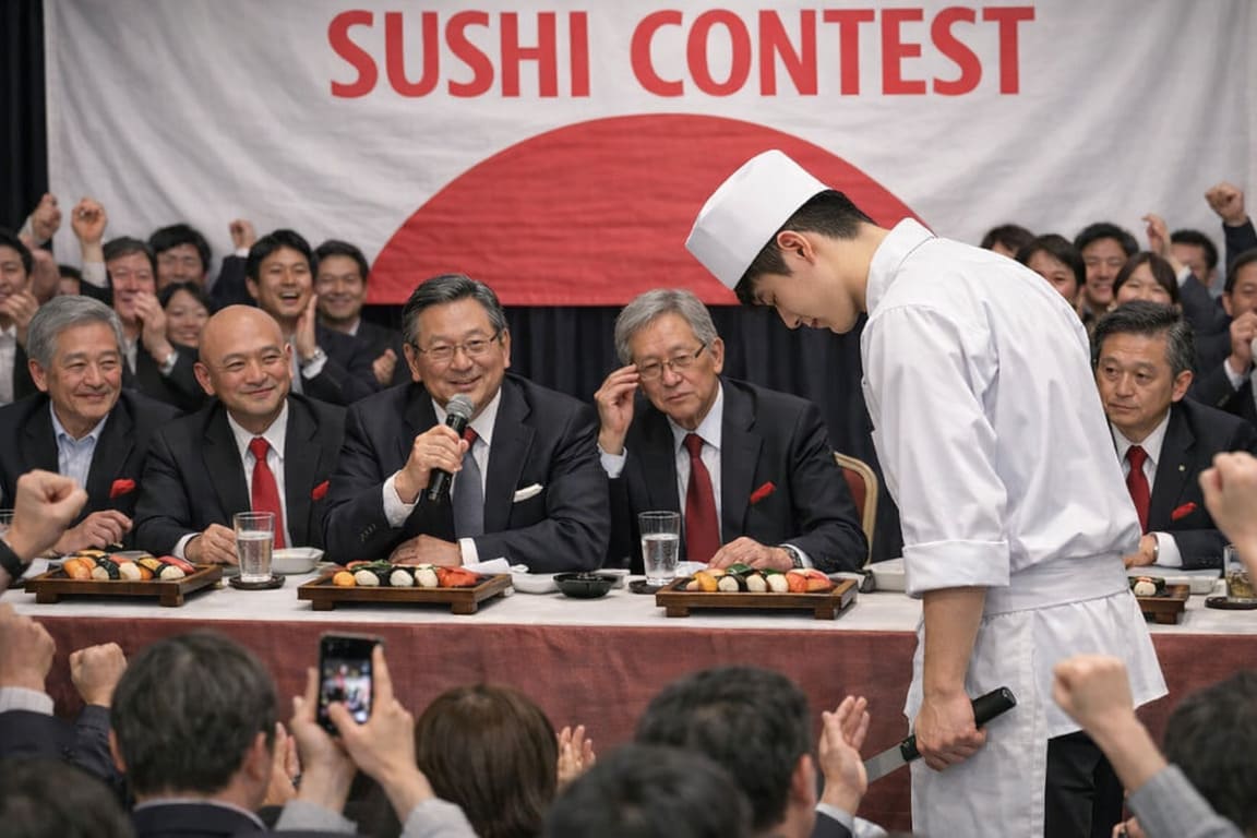審査員が自分の寿司から試食を始めようとしている様子を見て、がっくりうなだれる寿司職人