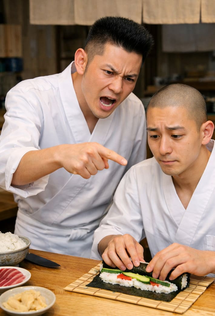 後輩寿司職人の巻き寿司の作り方を厳しく指導する先輩寿司職人