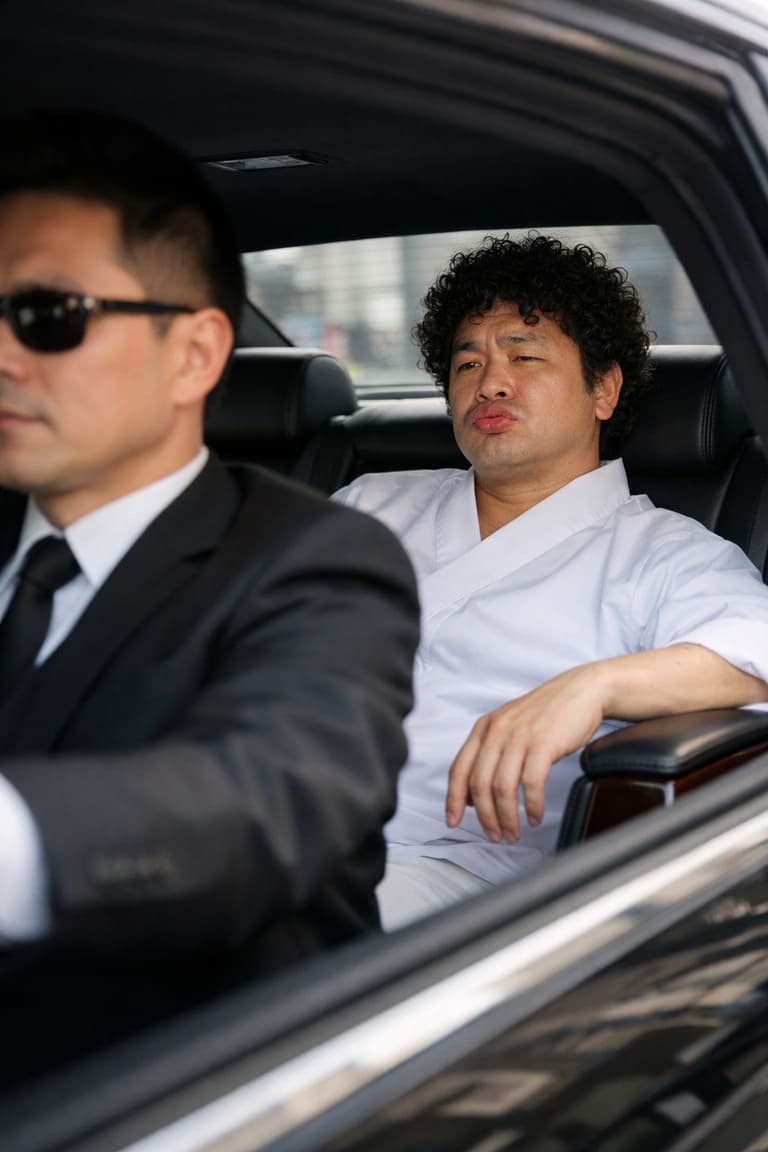 黒塗りセダンの後部座席で偉そうに座っている天然パーマの寿司職人