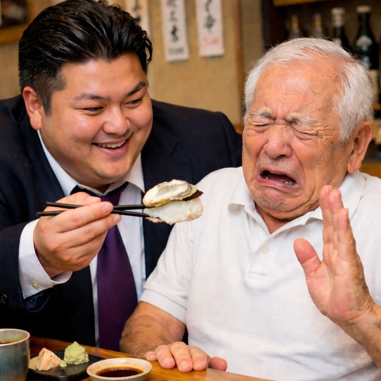 腐った牡蠣の寿司を老人に食べさせようとする若者