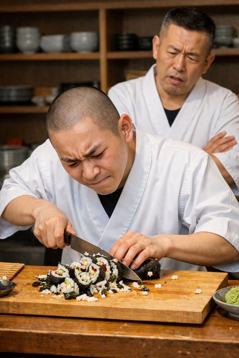 巻物を必死に切る若手寿司職人と、その出来栄えを苦々しく見つめる先輩寿司職人