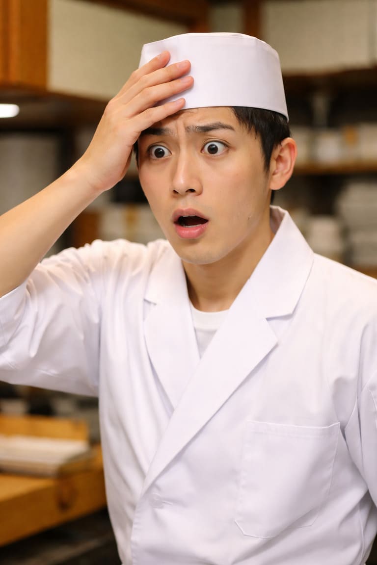 「しまった」とリアクションする新人寿司職人
