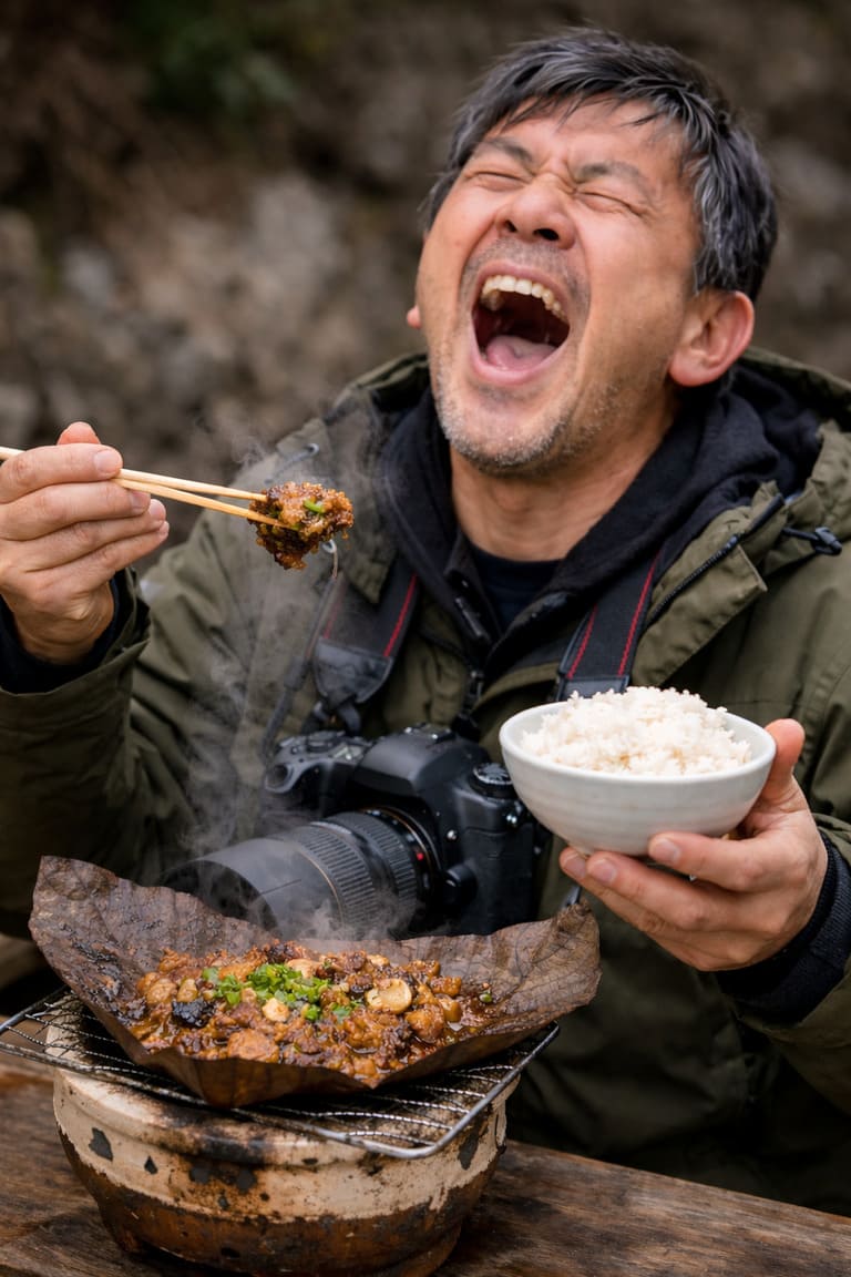 朴葉味噌の旨さに雄たけびを上げるカメラマン
