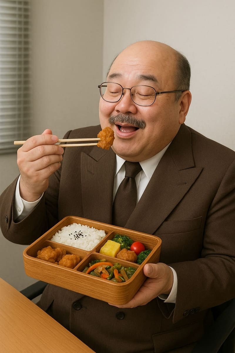 弁当を美味しそうに食べる役員