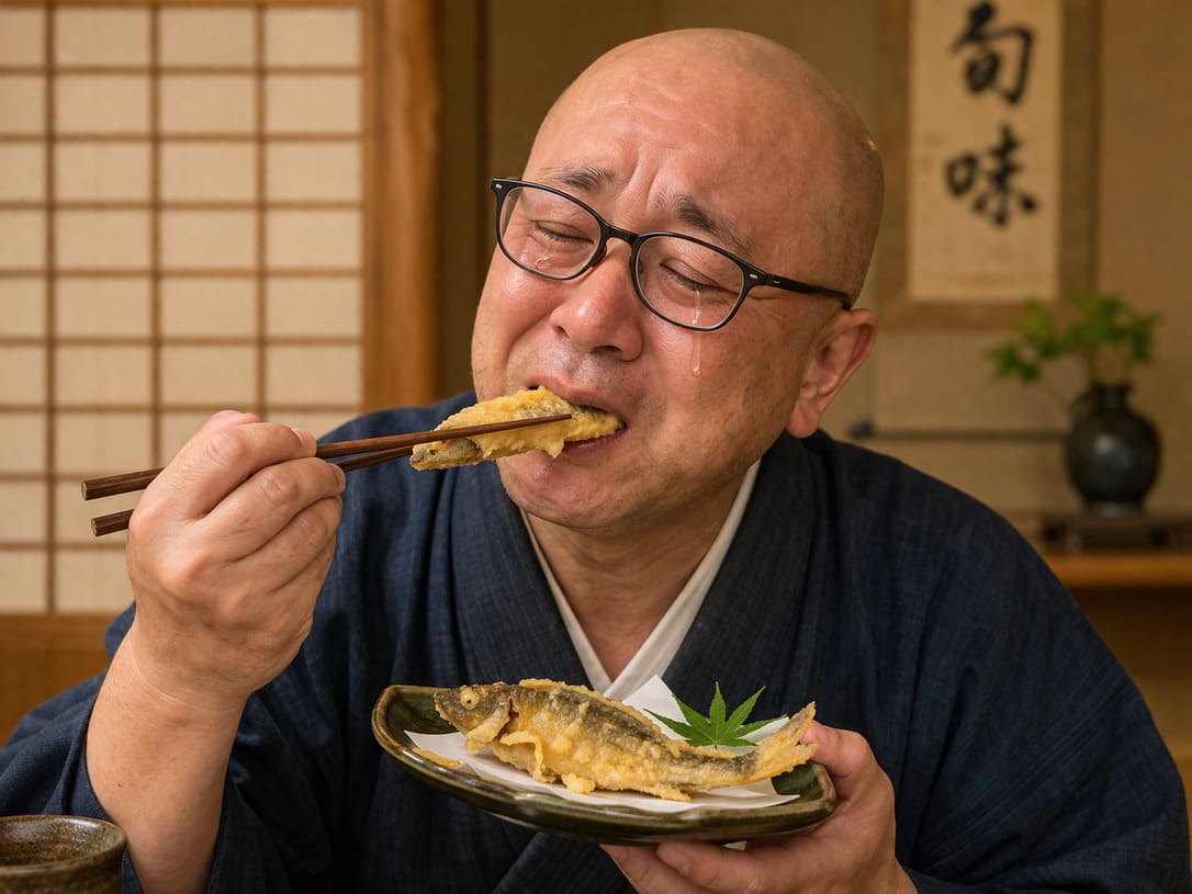 鮎の天ぷらを美味しそうに食べる老人
