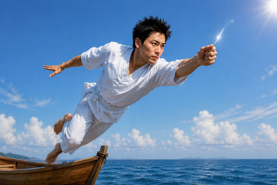 針を持った寿司職人が海へダイブ